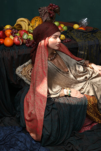 Mooncorn Henna Desen Çift Taraflı Şal Acı Kahve-Kahve