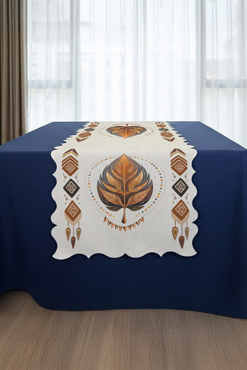Sakallı Ethnic Bohemian Leaf Patterned Beige Brown Digital Printed Runner Tablecloth