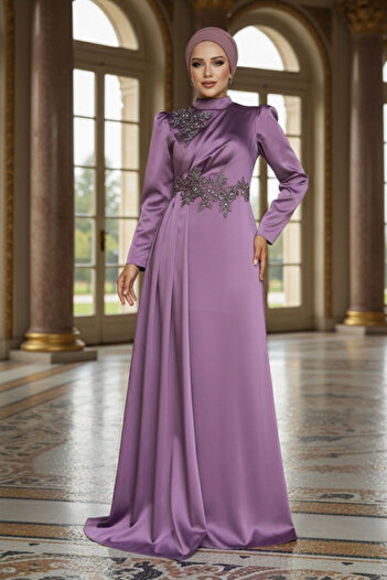 Neva Style Βραδινό φόρεμα Hijab με ουρά σκούρο λιλά σατέν 22830klıla