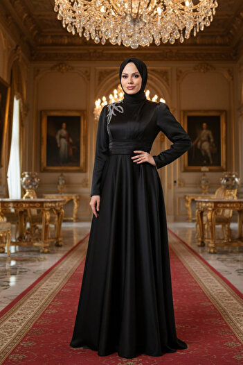 Neva Style Satin Black Hijab Evening Dress 22301S