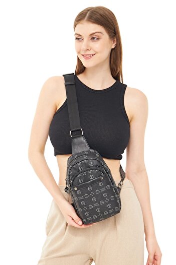 Morpelikan Women's Three-Compartment Black Monogram Body Bag Shoulder Chest Bag