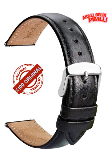 onlinekordon Fossil 22mm Saat Uyumlu Akıllı Pimli Siyah Renk Klasik Model Deri Saat Kordonu Kayışı