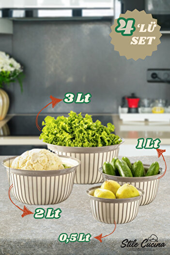Stile Cucina 4 Piece Linea Round Practical Bowl Dowry Set 1X(500 ml) 1X(1-2-3 Liter) Beige