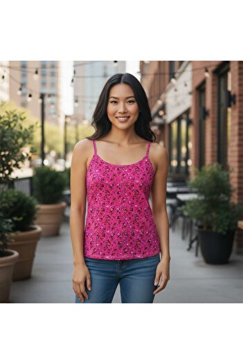 ESTA STORE Pink Floral Patterned Tank Top with String Straps