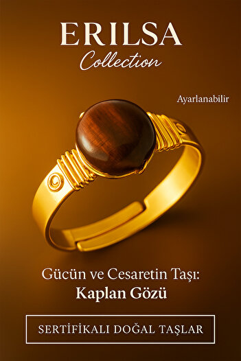 Tesbih Atölyesi Certified Thick Tımbıl Gold Model Brown Tiger Eye Stone Ring - Adjustable
