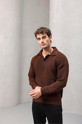 Valiberta Oversize Thessaloniki Knitted 4 Button Half Placket Comfortable Fit Men's Knitwear Sweater - Brown