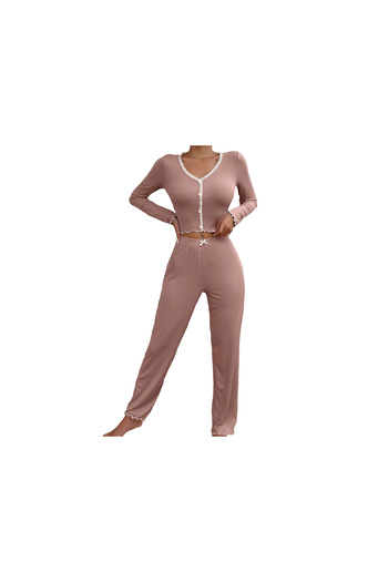 SOLOBUY Outlet Pyjama Sets Women Solid Pattern Crop Tops V Neck Long Sleeve Shirts Ruffles Pants