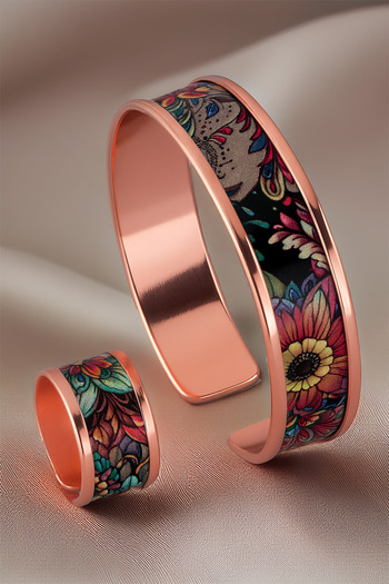 OSMANLI GÜMÜŞ Women's Copper Bracelet Ring Set - Ahri Model Special Edition Metal Box and Quartz Stone