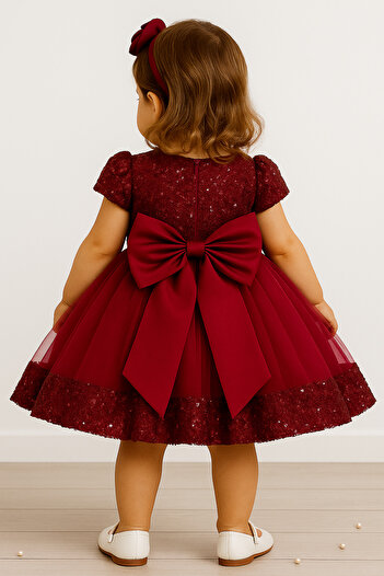 miço kids Girl's Sequin Balloon Sleeve Dress Burgundy