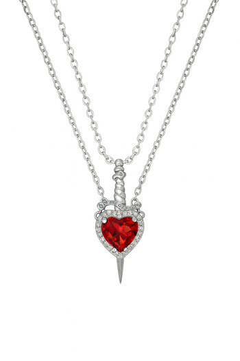 Luna Red Stone Heart Sword Couple Necklace