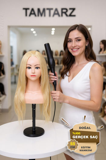 TAM TARZ 100% Real Hair Shoulder Hairdresser Training Mannequin + Table Apparatus / Platinum / 55 cm