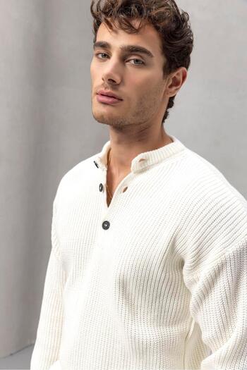 Valiberta Wes Thessaloniki Knitted 3 Buttons Half Placket Άνετη εφαρμογή Ανδρικό πλεκτό πουλόβερ - Εκρού
