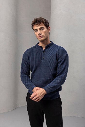 Valiberta Wes Thessaloniki Knitted 3 Button Half Placket Comfortable Fit Men's Knitwear Sweater - Indigo