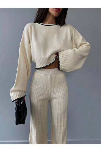 hiraz fashion Women's Ecru Shepherd Stitch Double Knitwear Set