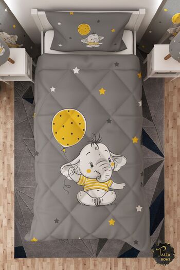 Talia Home Gray Balloon and Elephant Single Children's Quilt Sleeping Set