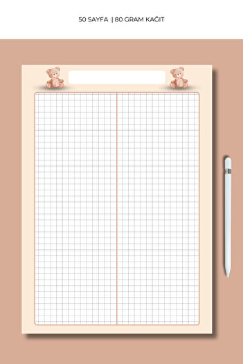 pnkycrco A4 Boyutunda Kareli Ayıcık Desenli Not Kağıdı Notepad 50 Sayfa