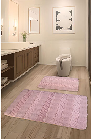 FeelHome Serante Rabbit Hair, Non-Slip Base, Fluffy, Soft, Washable 2-Piece Bath Mat Set Pink