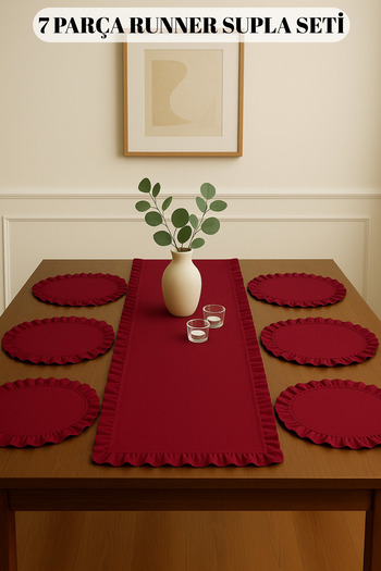 Morlay Set de prezentare pentru tacamuri cu volane 7 piese 6 bucati farfurii americane + 1 bucati Runner cu volane - 40x110 cm