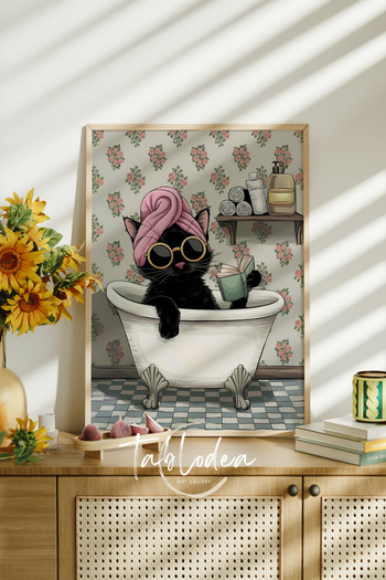 tablodea Kedili Banyo Çerçeveli Poster Tablo, Kedili Wc Soyut Dekoratif Modern Tablo, Kedili Pinterest Tablo