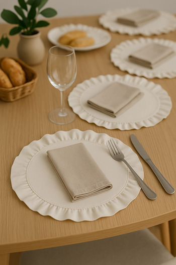 Morlay Set de 2 plăci rotunde pentru serviciu american - lenjerie de bumbac cu volane, 40 cm - culoare bej natural