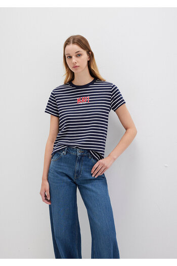 Mavi Logo Printed Striped Navy Blue T-Shirt Regular Fit / Regular Cut 1613562-88030