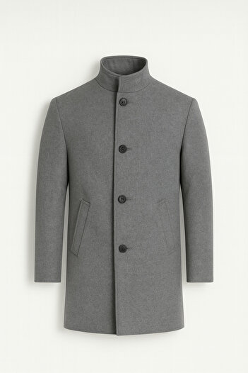 Valiberta Bertolucci Men's Cashmere Coat with Stand Collar, Fitted Cut, Fileto Pockets - Gray