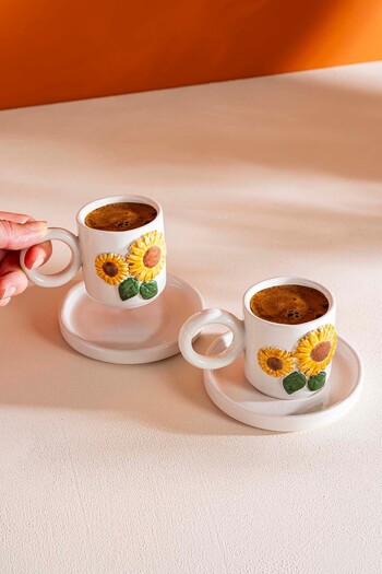 Rivaİstanbul Sunflower Amore Handmade Ceramic Set of Two Turkish Coffee Cups