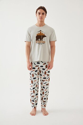 koza iç giyim Erkek Kısa Kollu Pamuklu Ayıcık Desenli Pijama Takımı