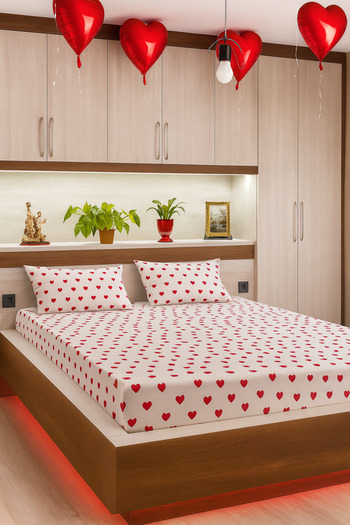Felina Home Double King Size Cotton Fitted Sheet Set Small Heart Pattern