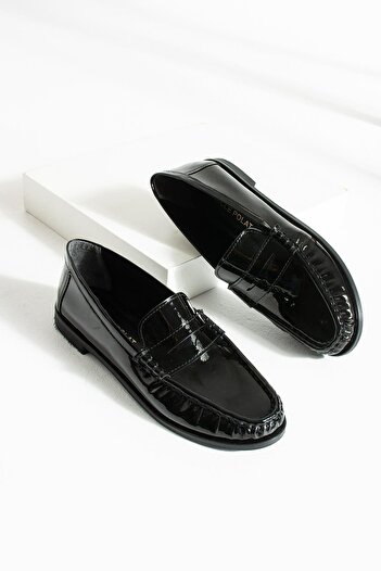diclepolat Lucy Women's Black Patent Leather Loafer Saddle Detailed Comfortable Daily Shoes