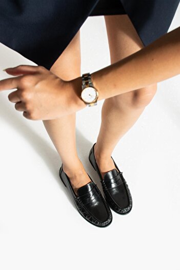 diclepolat Lucy Women's Black Wrinkled Patent Leather Loafer Saddle Detailed Comfortable Daily Shoes