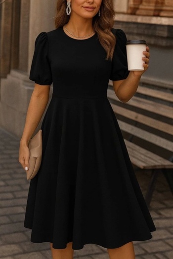 Silerra Women's Short Balloon Sleeve Crew Neck Wide Cut Janjan Crepe Dress