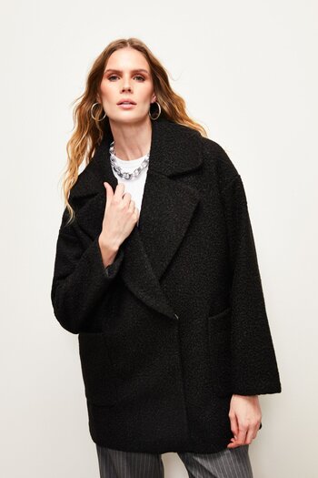 Sateen Wide Pocket Boucle Coat - BLACK