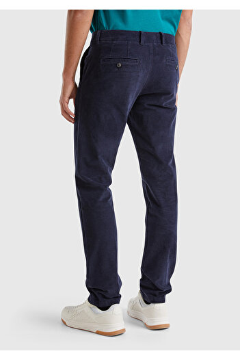 United Colors of Benetton Men's Navy Blue Cotton Blended Slim Fit Velvet Trousers with Ribbed Back Pockets