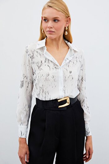 Sateen Shiny Patterned Shirt - Ecru-Silver