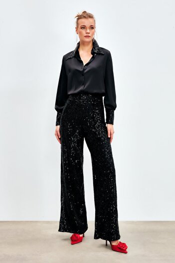 Sateen Belted Sequin Trousers - Black