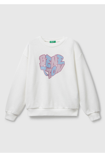 United Colors of Benetton Girl's Ecru Glitter Logo Printed Ribbed Crew Neck Sweatshirt