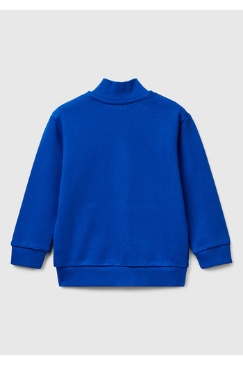 United Colors of Benetton Boy's Saks Blue Logo Detailed Front Zippered Ribbed Detailed Sweatshirt