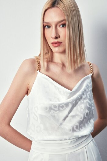 Sateen Satin Blouse with Chain Strap - Ecru