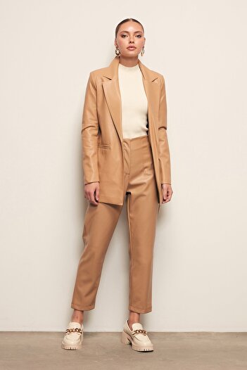 Sateen Pleated Leather Trousers - Beige