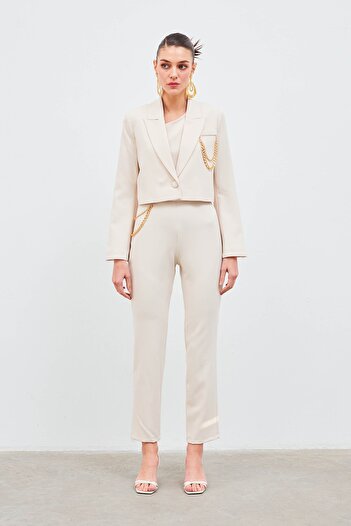 Sateen Pants with Chain Accessories - Beige