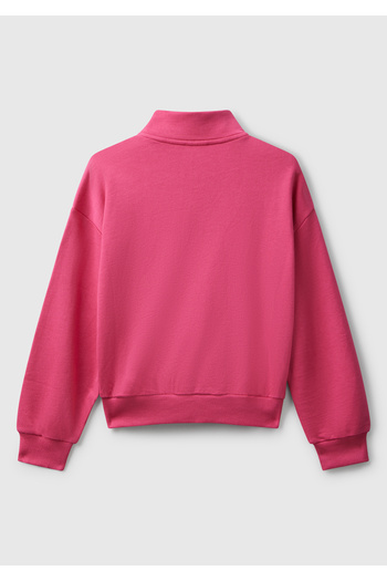 United Colors of Benetton Girl's Pink Front Logo Embroidered Zippered Stand Collar Sweatshirt with Pockets