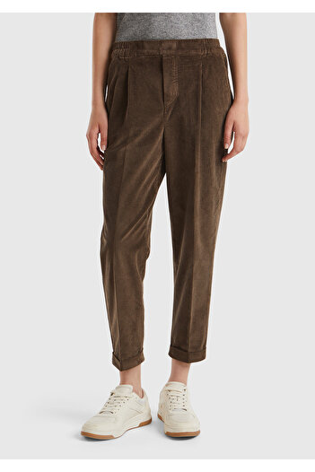 United Colors of Benetton Women's Dark Brown Velvet Trousers with Elastic Waist