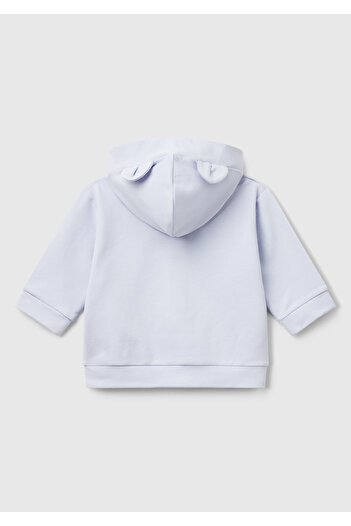 United Colors of Benetton Baby Light Blue Logo Label Zippered Hooded Sweatshirt with Ears