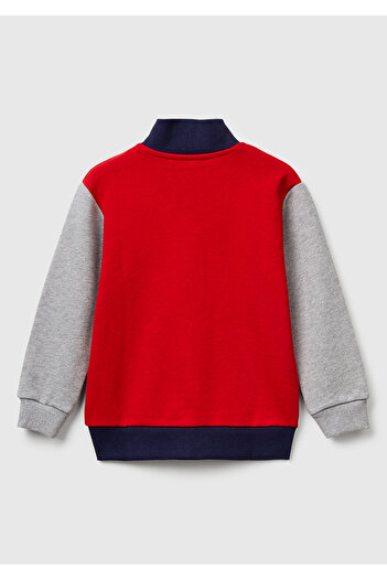 United Colors of Benetton Boy's Red-Grey Logo Detailed Front Zippered Ribbed Sweatshirt