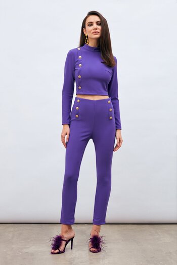 Sateen Pantaloni cu detaliu nasturi - violet