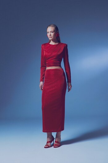 Sateen Red Glitter Midi Skirt