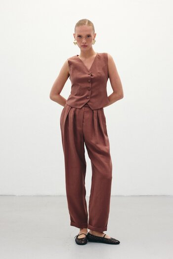 Sateen Casual Λινό Παντελόνι - Καφέ