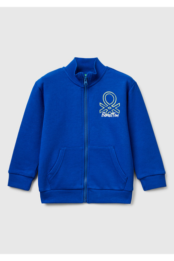 United Colors of Benetton Boy's Saks Blue Logo Detailed Front Zippered Ribbed Detailed Sweatshirt