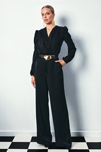Sateen Kruvaze Desenli Bodysuit Bluz - SİYAH